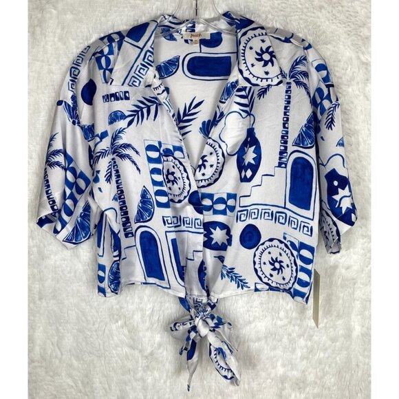 NWT Peach Medium Blue & White Short Sleeve Crop Top Waist Tie Collared V-Neck - Picture 4 of 8